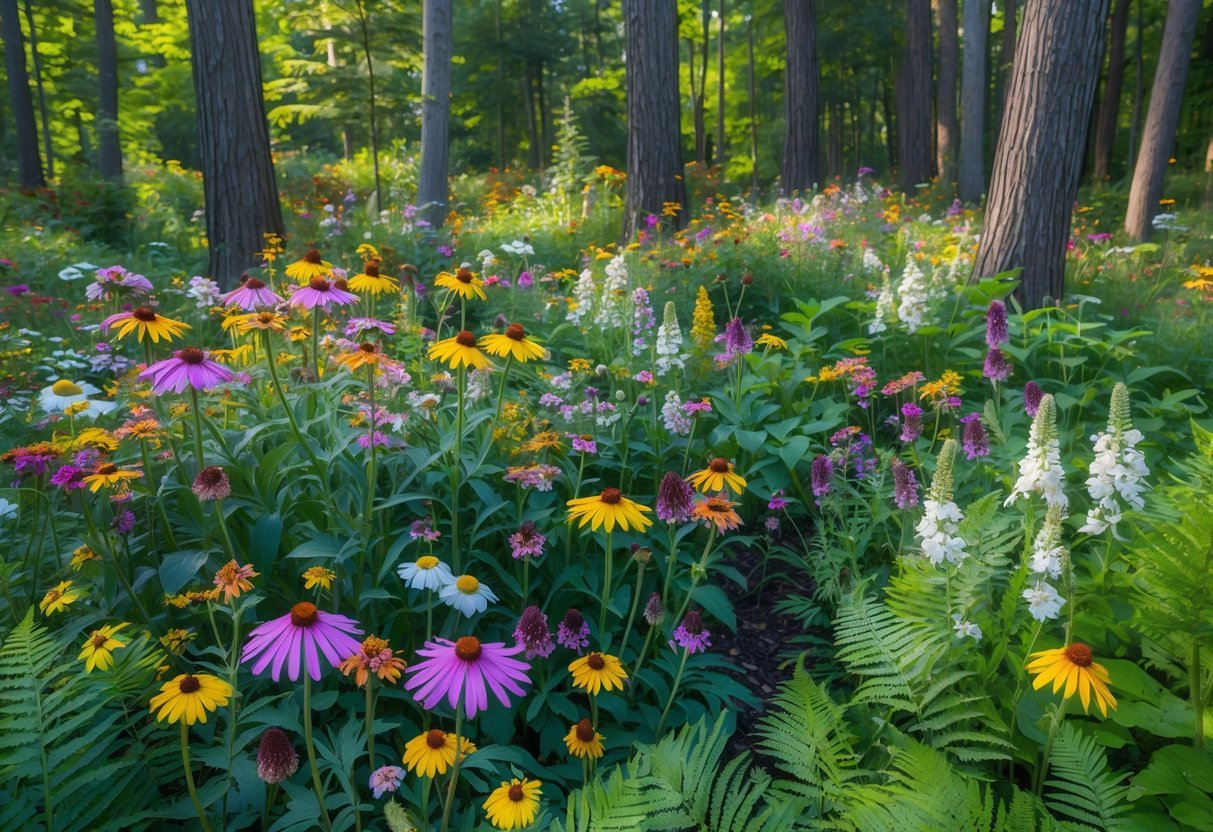 19+ Forest Garden Ideas to Transform Your Backyard into a Sustainable Oasis 21 A forest garden filled with colorful native wildflowers and green plants under tall trees with sunlight filtering through.