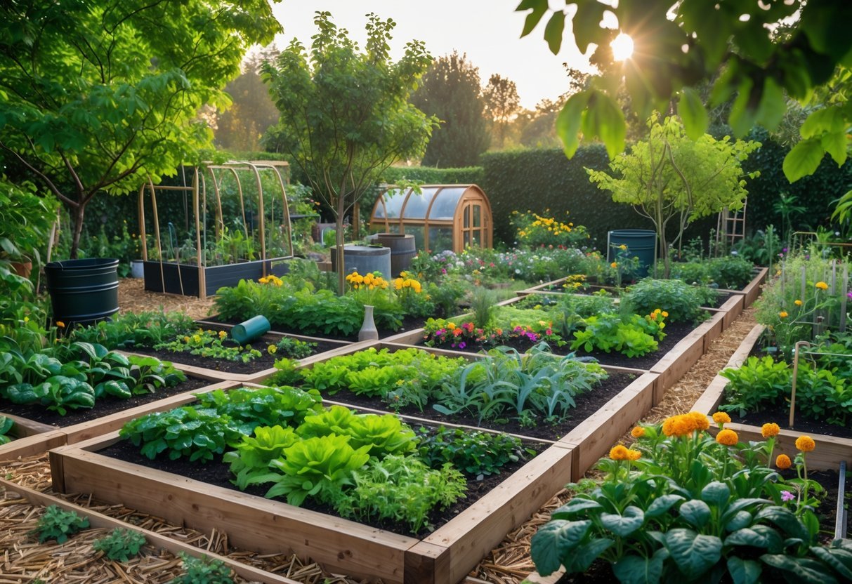 23+ Permaculture Garden Ideas: Essential Tips for Sustainable US Home Gardens 2 A diverse permaculture garden with raised beds, fruit trees, flowers, and natural pathways under sunlight.