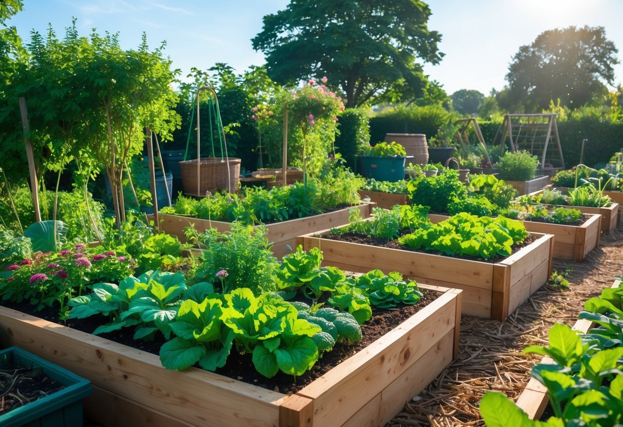 23+ Permaculture Garden Ideas: Essential Tips for Sustainable US Home Gardens 3 Outdoor permaculture garden with multiple wooden raised beds filled with vegetables, herbs, and flowers under a clear sky.