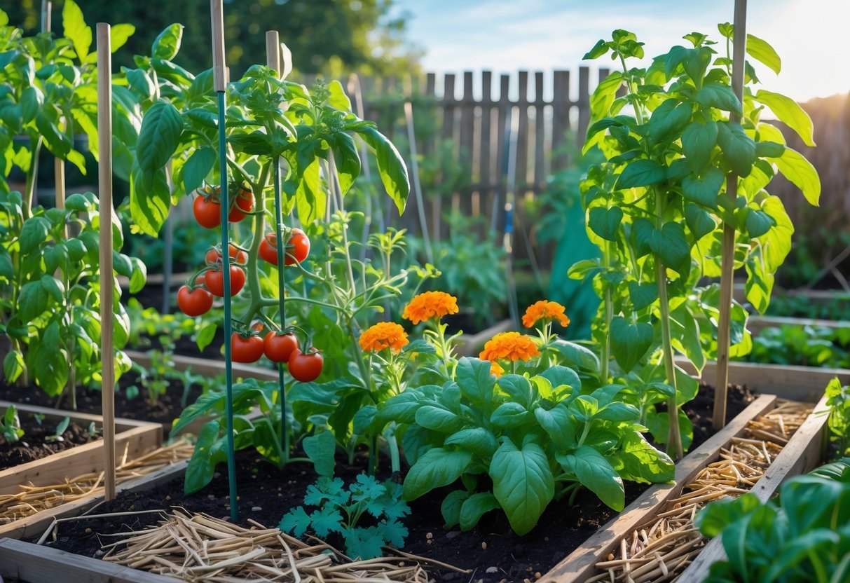 23+ Permaculture Garden Ideas: Essential Tips for Sustainable US Home Gardens 4 A thriving permaculture garden with various plants growing closely together, including tomatoes, basil, marigolds, leafy greens, and climbing beans, with wooden garden beds and a rustic fence in the background.