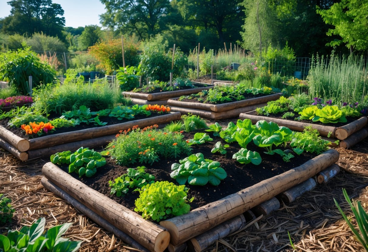23+ Permaculture Garden Ideas: Essential Tips for Sustainable US Home Gardens 5 A permaculture garden showing raised hugelkultur beds with various plants growing on them, surrounded by natural pathways and trees.