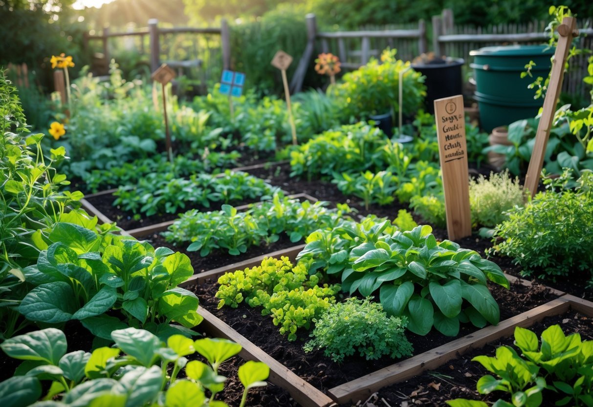 23+ Permaculture Garden Ideas: Essential Tips for Sustainable US Home Gardens 6 A diverse permaculture garden with various plants growing closely together, showing leafy greens, herbs, flowers, and small fruit bushes in rich soil with mulched paths.