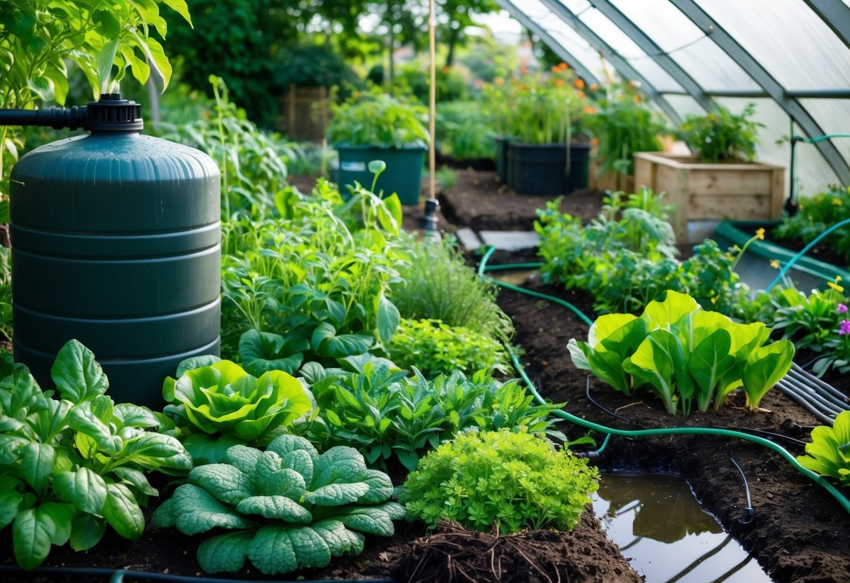 23+ Permaculture Garden Ideas: Essential Tips for Sustainable US Home Gardens 7 A permaculture garden with a rainwater harvesting barrel, raised beds filled with plants, and water retention features.