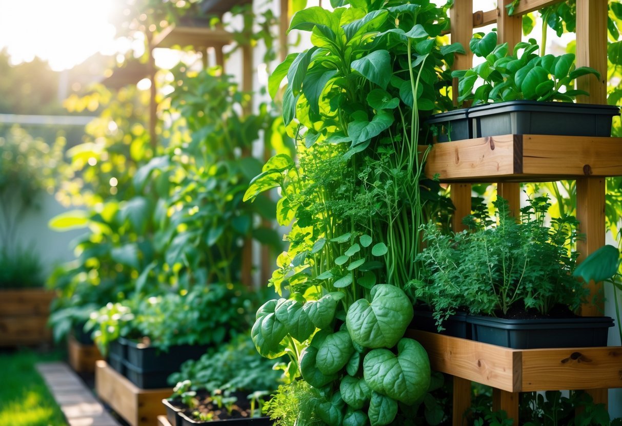 23+ Permaculture Garden Ideas: Essential Tips for Sustainable US Home Gardens 8 A vertical permaculture garden with various vegetables, herbs, and flowers growing on wooden structures in an outdoor setting.