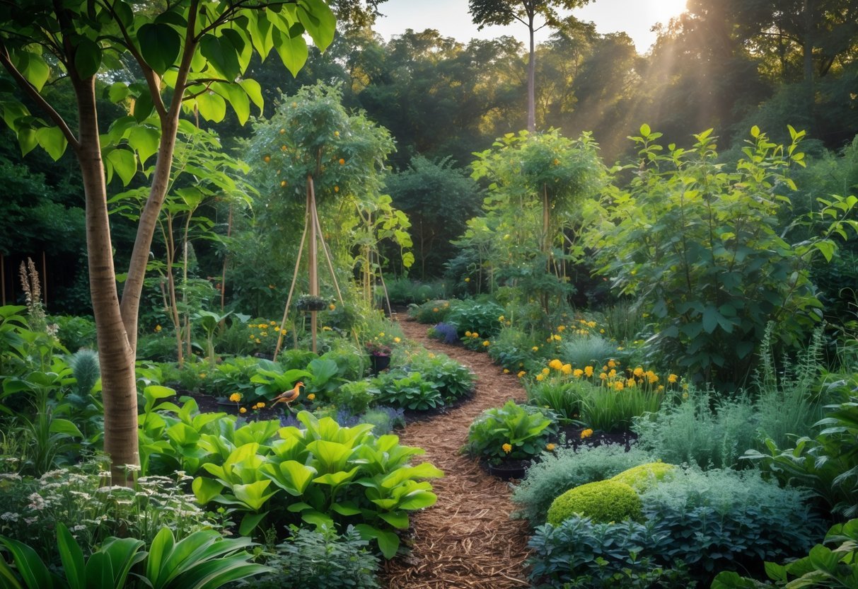 23+ Permaculture Garden Ideas: Essential Tips for Sustainable US Home Gardens 9 A lush forest garden with layered plants including trees, shrubs, and ground cover, showing a diverse and thriving permaculture garden.
