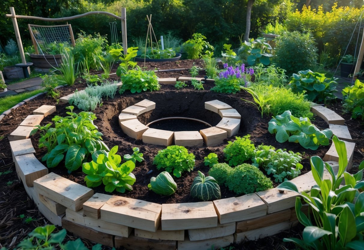 23+ Permaculture Garden Ideas: Essential Tips for Sustainable US Home Gardens 10 A circular raised garden bed with a keyhole-shaped access point, filled with various vegetables and herbs in a green garden setting.