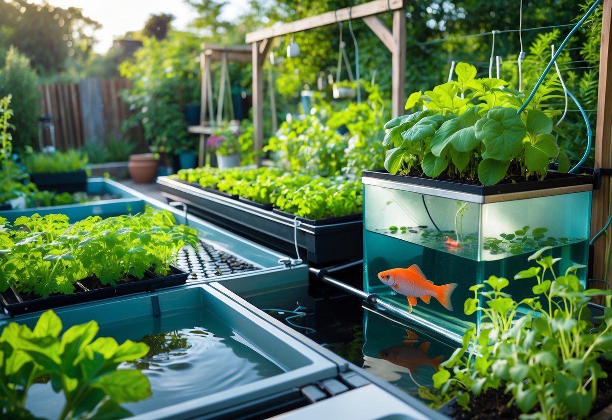 23+ Permaculture Garden Ideas: Essential Tips for Sustainable US Home Gardens 11 A permaculture garden with aquaponics and hydroponics systems showing green plants growing in water trays and fish swimming in a connected tank outdoors.