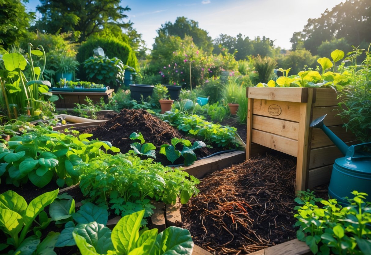 23+ Permaculture Garden Ideas: Essential Tips for Sustainable US Home Gardens 12 A permaculture garden showing a compost bin and a worm composting bin surrounded by healthy plants and gardening tools under natural sunlight.