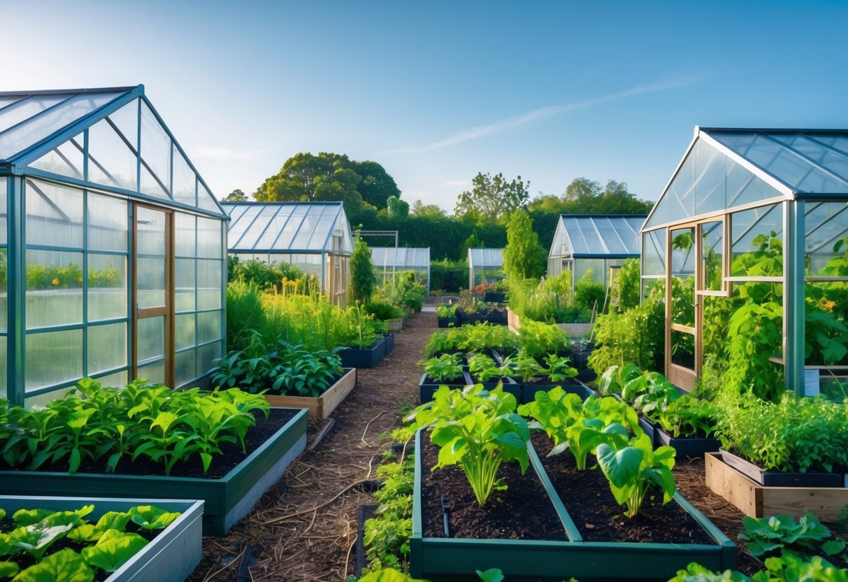 23+ Permaculture Garden Ideas: Essential Tips for Sustainable US Home Gardens 13 Greenhouses in a permaculture garden with thriving plants and sustainable gardening features under a clear sky.