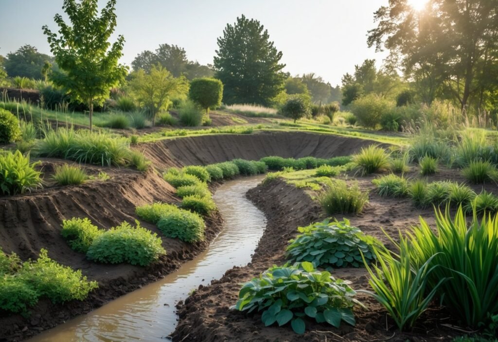 A permaculture garden with earth berms and shallow ditches filled with plants to manage water runoff.