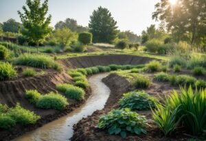 A permaculture garden with earth berms and shallow ditches filled with plants to manage water runoff.