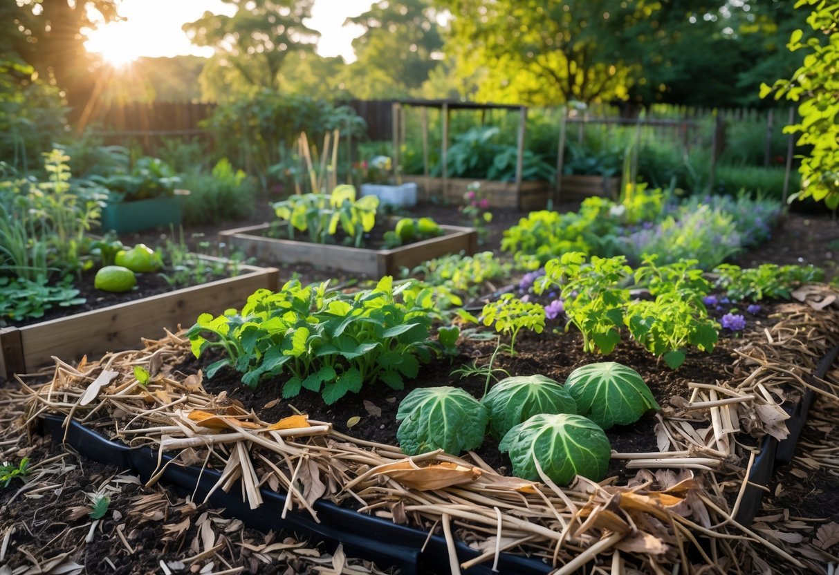 23+ Permaculture Garden Ideas: Essential Tips for Sustainable US Home Gardens 15 A garden bed covered with organic mulch made of leaves, straw, and wood chips surrounding healthy plants and vegetables.