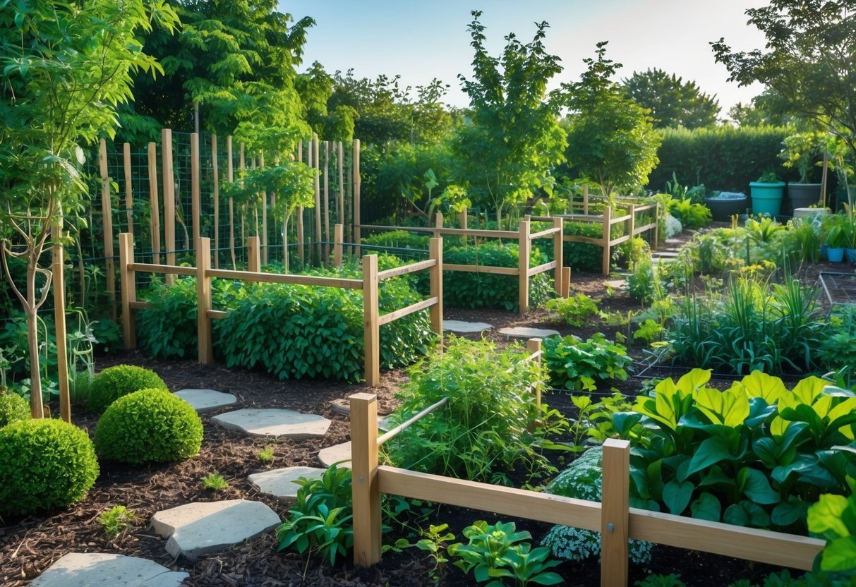 23+ Permaculture Garden Ideas: Essential Tips for Sustainable US Home Gardens 16 A permaculture garden with green living fences made of shrubs and small trees, surrounded by various plants and natural pathways under a clear sky.