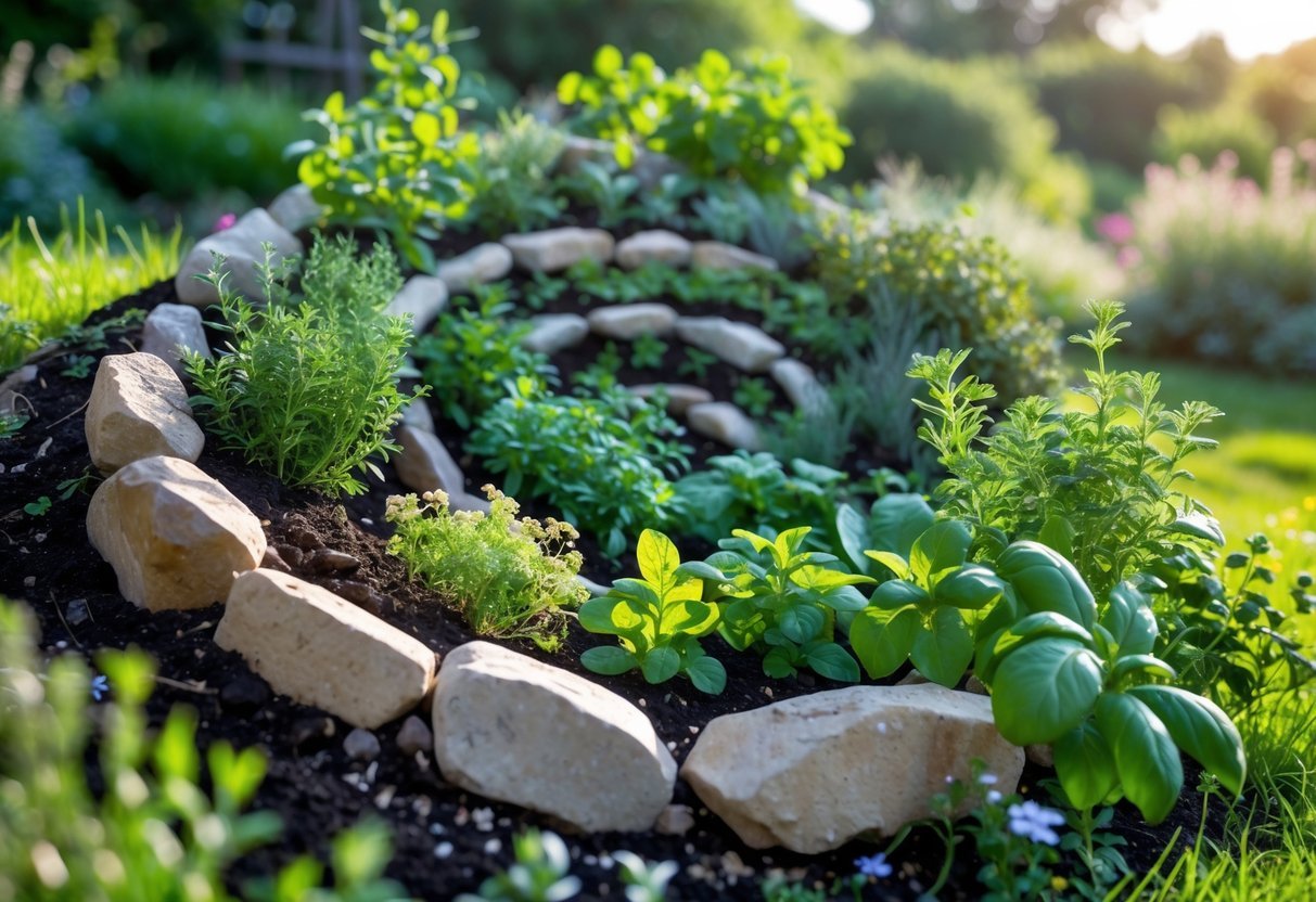 23+ Permaculture Garden Ideas: Essential Tips for Sustainable US Home Gardens 17 A spiral-shaped garden bed filled with various green herbs and surrounded by stones in an outdoor garden.