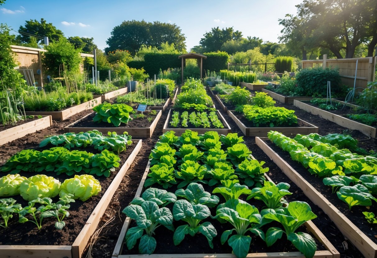 23+ Permaculture Garden Ideas: Essential Tips for Sustainable US Home Gardens 18 A permaculture garden with multiple raised beds showing different vegetables planted in rotation, surrounded by green plants and natural mulch pathways under a clear sky.