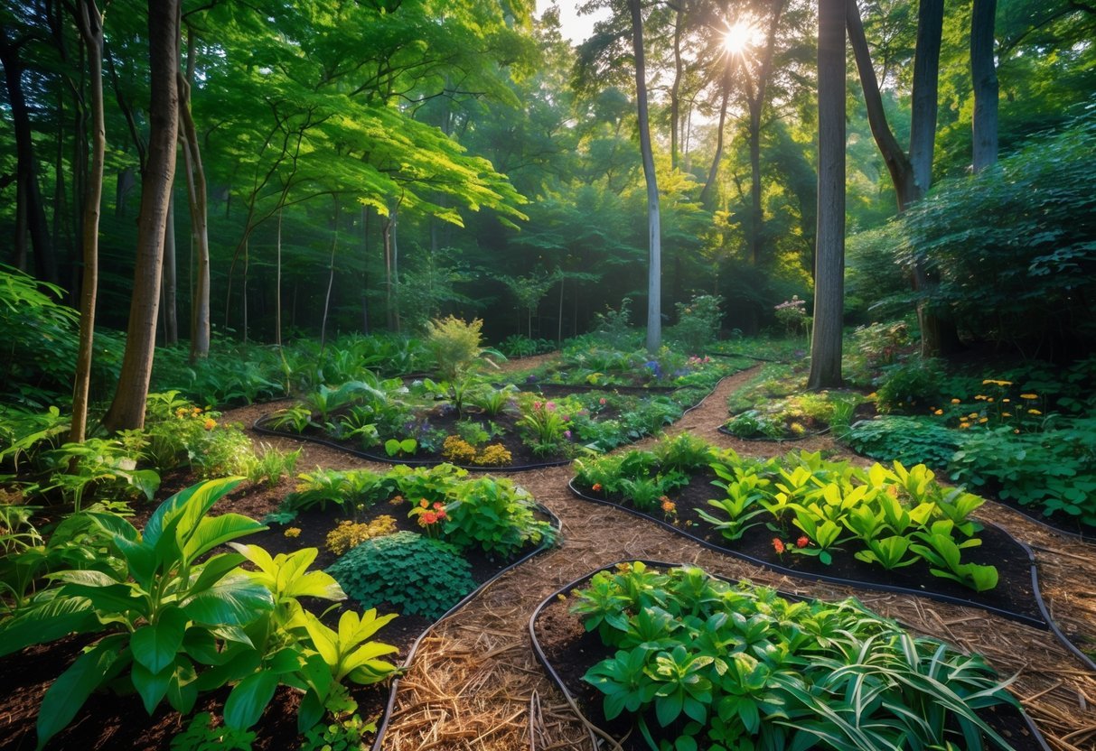 23+ Permaculture Garden Ideas: Essential Tips for Sustainable US Home Gardens 19 A lush forest garden with multiple layers of plants growing under tall trees, including ferns, shrubs, and edible ground covers, with sunlight filtering through the canopy.