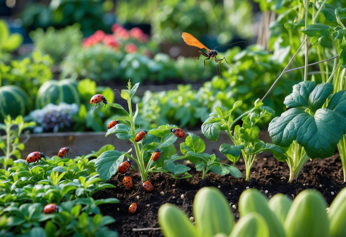 23+ Permaculture Garden Ideas: Essential Tips for Sustainable US Home Gardens 21 A permaculture garden with healthy plants and beneficial insects like ladybugs and a praying mantis on the leaves.