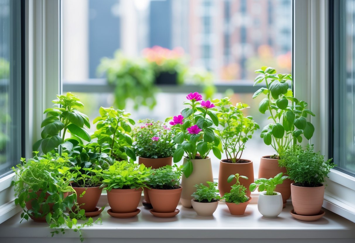18+ Garden Ideas for Apartment Windowsills: Easy and Space-Saving Projects for Urban Dwellers 2 Apartment windowsill filled with various small potted plants and herbs, with a city view in the background.