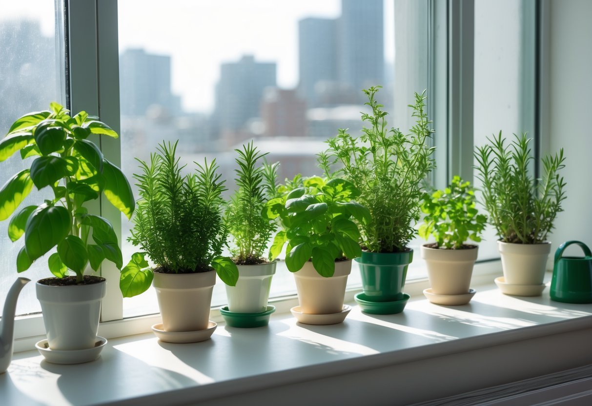 18+ Garden Ideas for Apartment Windowsills: Easy and Space-Saving Projects for Urban Dwellers 3 Apartment windowsill with several healthy herb plants in small pots, illuminated by natural sunlight.