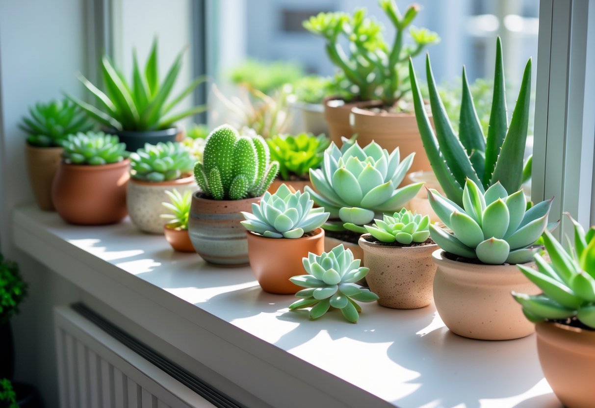 18+ Garden Ideas for Apartment Windowsills: Easy and Space-Saving Projects for Urban Dwellers 4 Apartment windowsill with a variety of healthy succulents in different pots bathed in natural sunlight.