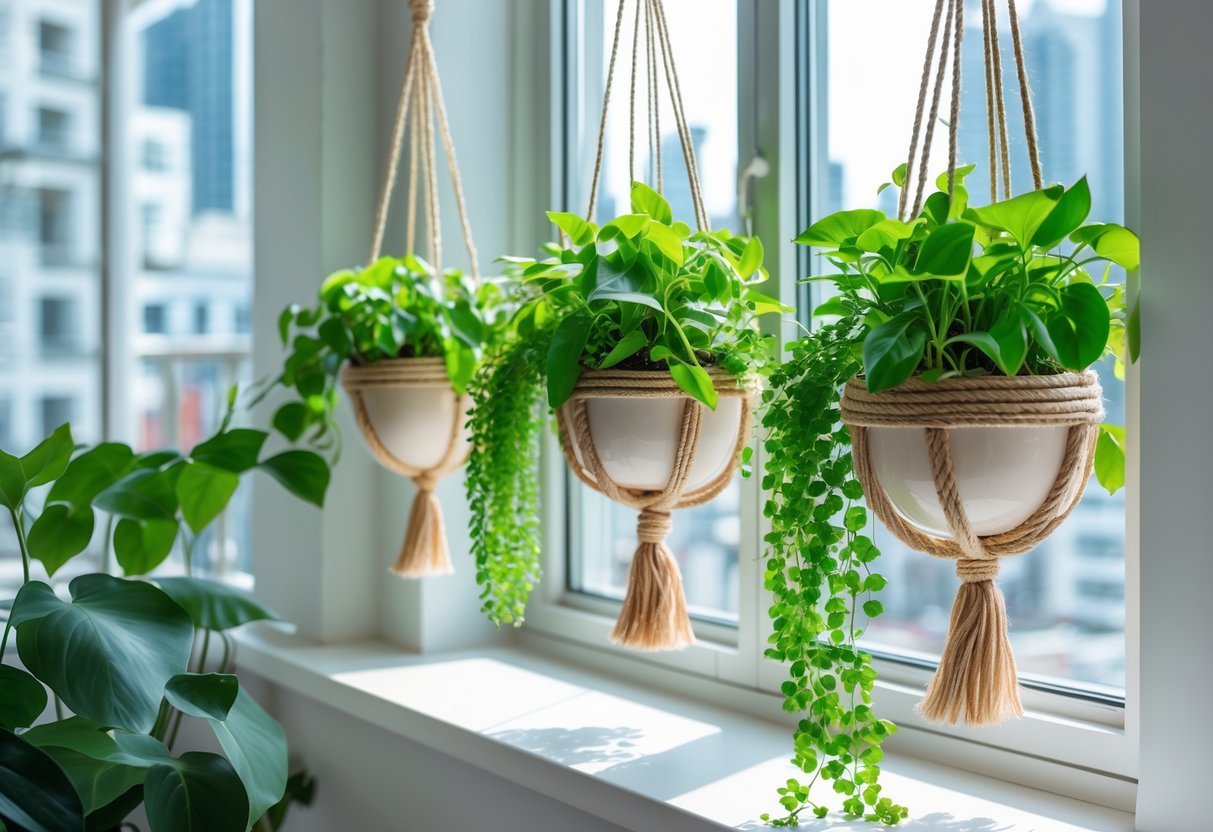 18+ Garden Ideas for Apartment Windowsills: Easy and Space-Saving Projects for Urban Dwellers 5 Apartment windowsill with three hanging planters holding green leafy plants, sunlight coming through the window.