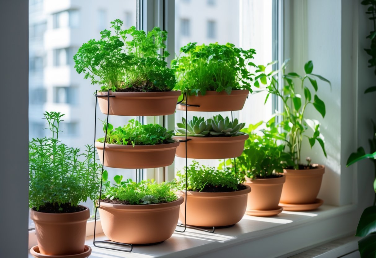 18+ Garden Ideas for Apartment Windowsills: Easy and Space-Saving Projects for Urban Dwellers 6 A vertical tiered garden with four levels of pots filled with green plants on an apartment windowsill.