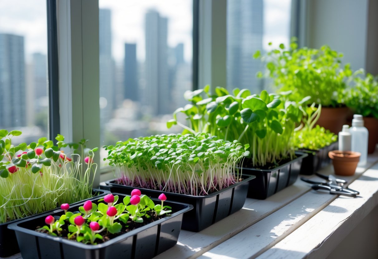 18+ Garden Ideas for Apartment Windowsills: Easy and Space-Saving Projects for Urban Dwellers 7 Apartment windowsill with multiple trays of vibrant microgreens growing under natural sunlight.