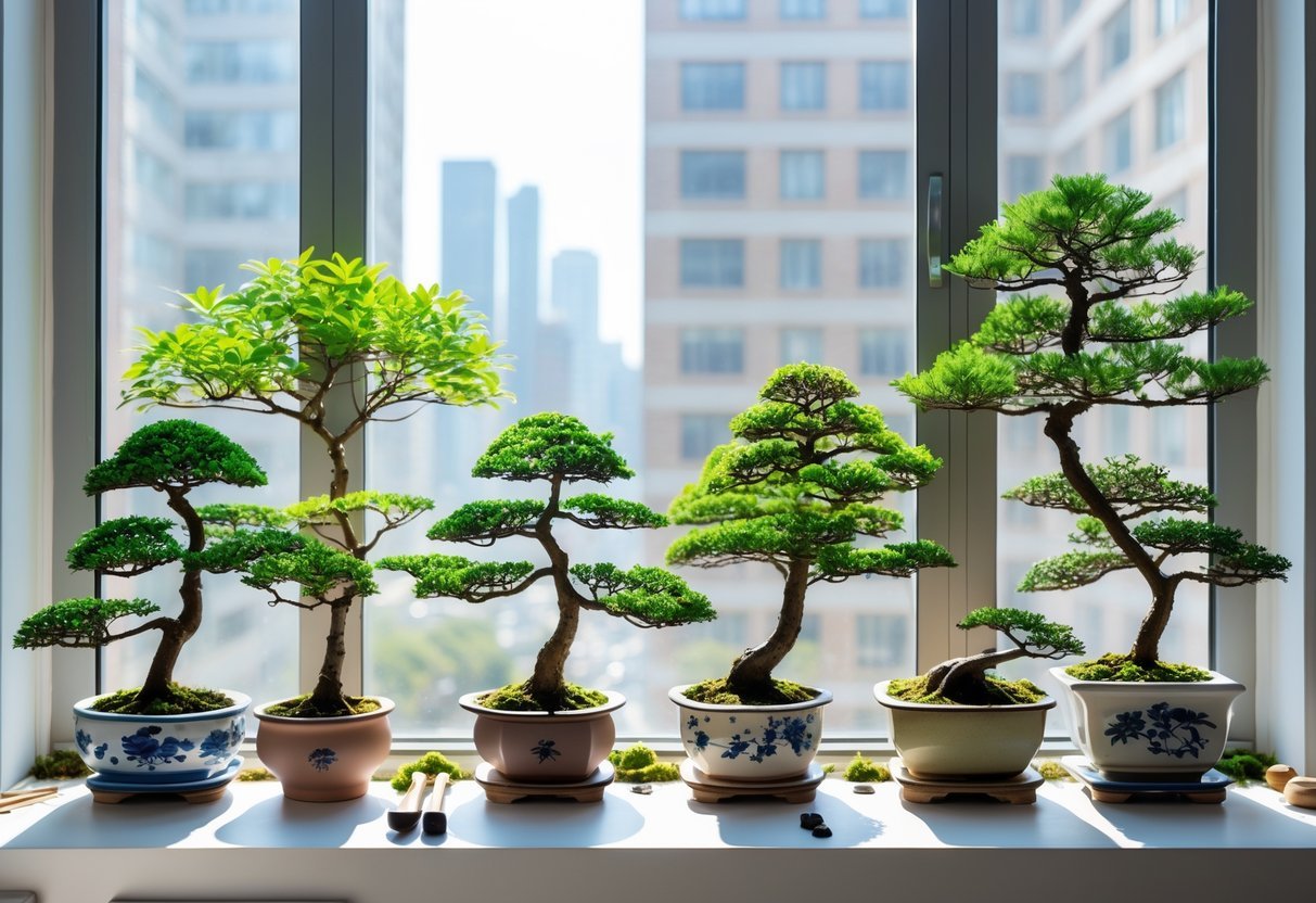 18+ Garden Ideas for Apartment Windowsills: Easy and Space-Saving Projects for Urban Dwellers 8 Apartment windowsill with several bonsai trees in pots receiving natural sunlight, with a cityscape visible through the window.