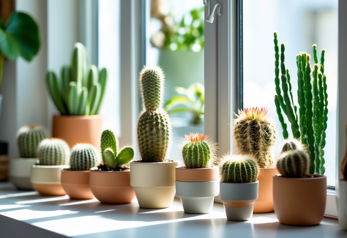 18+ Garden Ideas for Apartment Windowsills: Easy and Space-Saving Projects for Urban Dwellers 9 A bright apartment windowsill with an arrangement of various small cacti in decorative pots, illuminated by natural light.