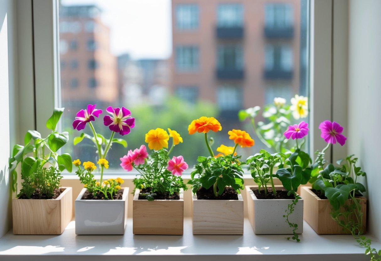 18+ Garden Ideas for Apartment Windowsills: Easy and Space-Saving Projects for Urban Dwellers 10 An apartment windowsill with eight small flower boxes filled with colorful blooming flowers and green plants.