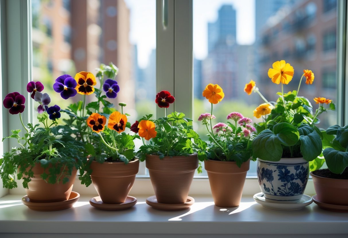 18+ Garden Ideas for Apartment Windowsills: Easy and Space-Saving Projects for Urban Dwellers 11 A bright apartment windowsill with pots of colorful edible flowers growing in sunlight, with a blurred city view outside the window.