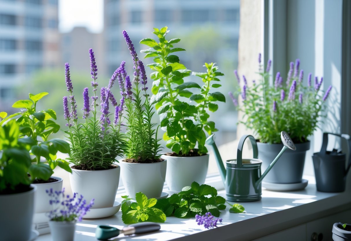 18+ Garden Ideas for Apartment Windowsills: Easy and Space-Saving Projects for Urban Dwellers 12 Apartment windowsill with pots of lavender and mint plants in sunlight, overlooking a city view.