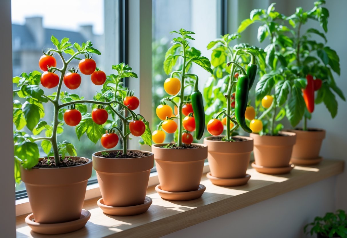 18+ Garden Ideas for Apartment Windowsills: Easy and Space-Saving Projects for Urban Dwellers 14 Indoor vegetable garden with cherry tomato and pepper plants growing in pots on an apartment windowsill.