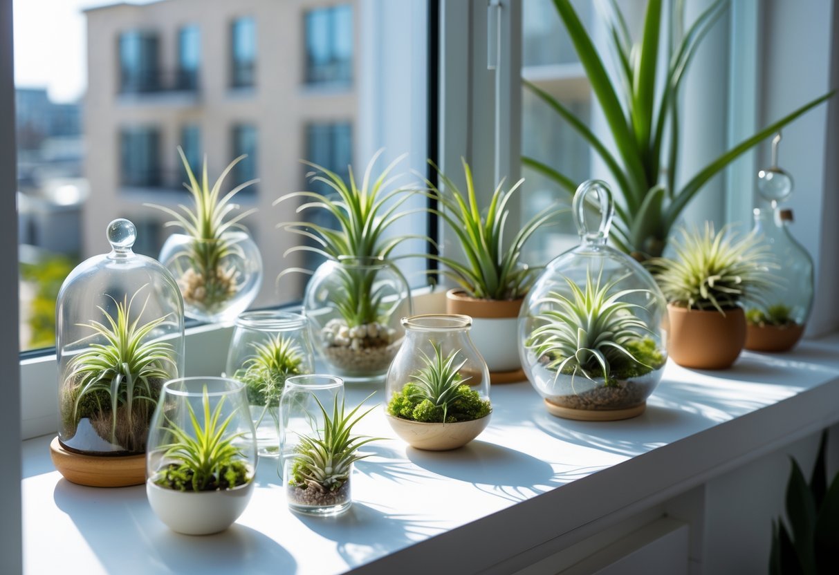 18+ Garden Ideas for Apartment Windowsills: Easy and Space-Saving Projects for Urban Dwellers 15 Apartment windowsill with various air plants in glass and ceramic containers, lit by natural sunlight.
