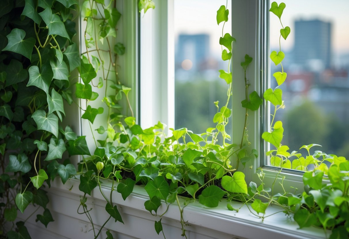 18+ Garden Ideas for Apartment Windowsills: Easy and Space-Saving Projects for Urban Dwellers 16 Apartment windowsill with green ivy and trailing vines growing in pots, sunlight coming through the window.