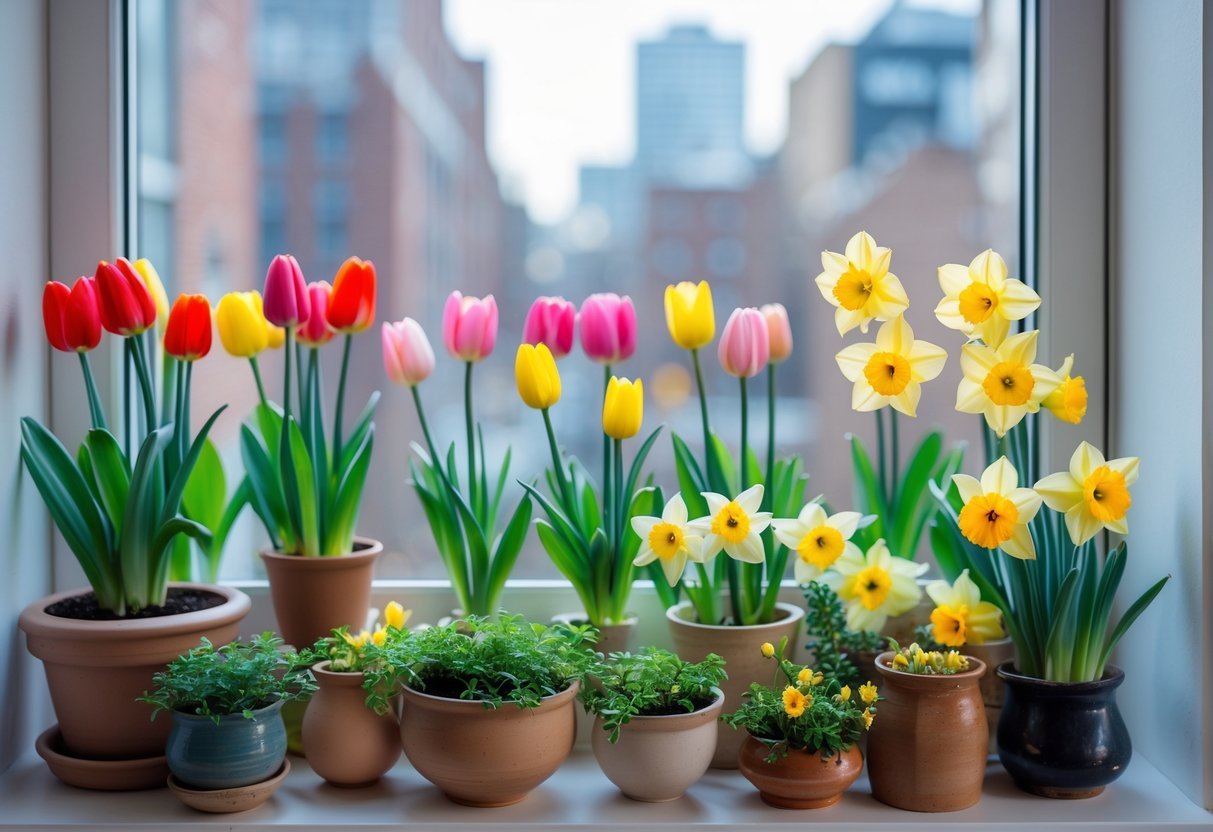 18+ Garden Ideas for Apartment Windowsills: Easy and Space-Saving Projects for Urban Dwellers 17 Apartment windowsill garden with blooming tulips and daffodils in various pots, lit by natural daylight.