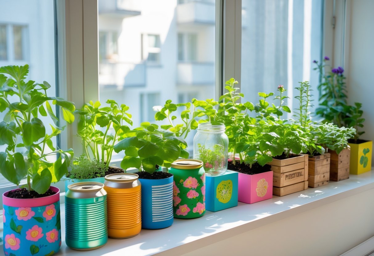 18+ Garden Ideas for Apartment Windowsills: Easy and Space-Saving Projects for Urban Dwellers 18 Apartment windowsill filled with 16 recycled container planters holding various green plants and flowers in natural sunlight.