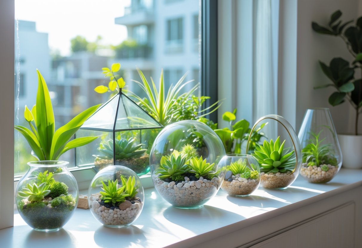 18+ Garden Ideas for Apartment Windowsills: Easy and Space-Saving Projects for Urban Dwellers 19 Apartment windowsill with several glass terrariums containing green plants and succulents, illuminated by natural sunlight.