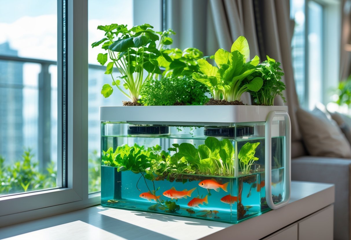 18+ Garden Ideas for Apartment Windowsills: Easy and Space-Saving Projects for Urban Dwellers 20 A sunlit apartment windowsill with an aquaponic garden featuring fish in water containers and green leafy plants growing above.