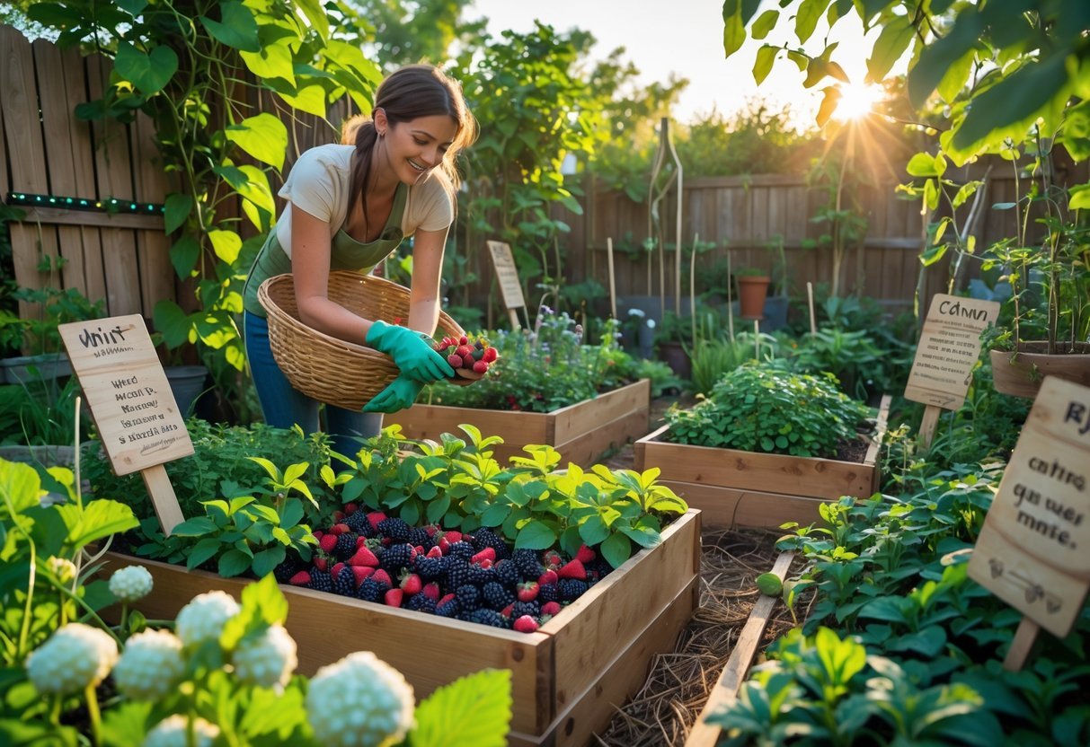 28+ Foraging Friendly Garden Ideas: Easy Plants to Grow for Sustainable Harvesting in the US 2 A person picking berries in a lush garden filled with edible plants and herbs.
