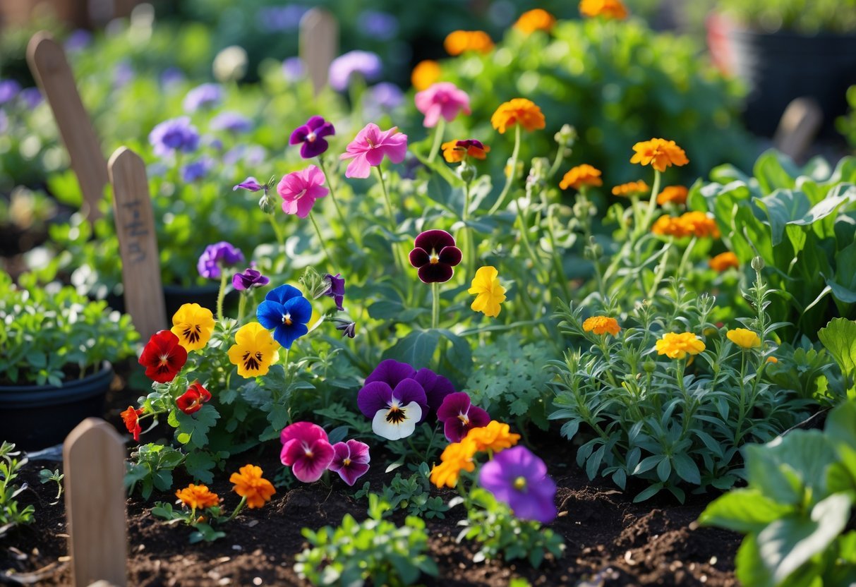 28+ Foraging Friendly Garden Ideas: Easy Plants to Grow for Sustainable Harvesting in the US 3 A garden bed filled with colorful edible flowers and green leaves ready for foraging.