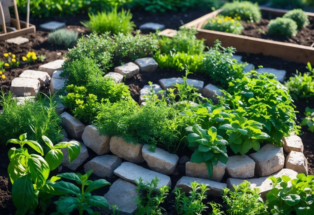 28+ Foraging Friendly Garden Ideas: Easy Plants to Grow for Sustainable Harvesting in the US 4 A stone herb spiral garden filled with various fresh herbs and surrounded by wildflowers in a sunny garden setting.