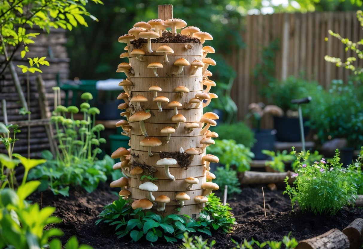 28+ Foraging Friendly Garden Ideas: Easy Plants to Grow for Sustainable Harvesting in the US 5 A vertical tower made of stacked wooden logs with mushrooms growing on them in a green garden surrounded by plants and soil.