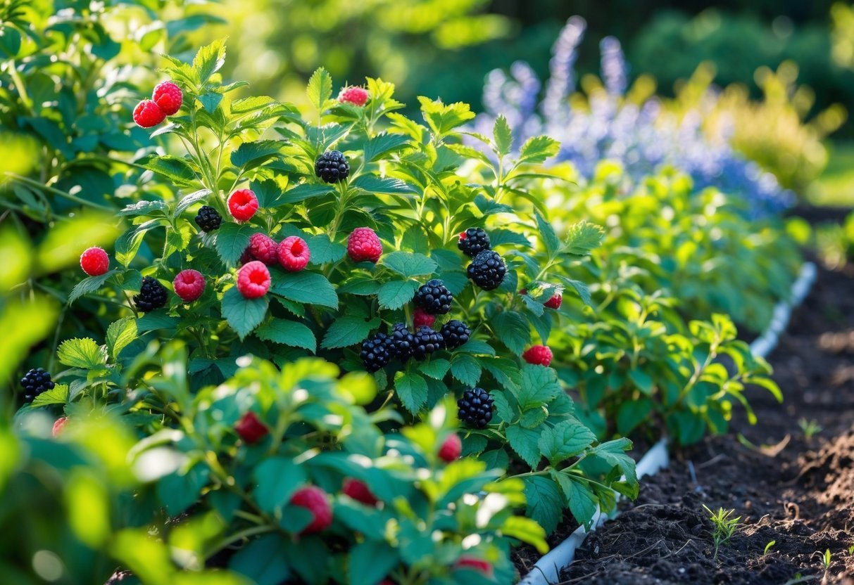 28+ Foraging Friendly Garden Ideas: Easy Plants to Grow for Sustainable Harvesting in the US 6 A garden border filled with ripe berry bushes including raspberries, blackberries, and blueberries surrounded by green leaves.