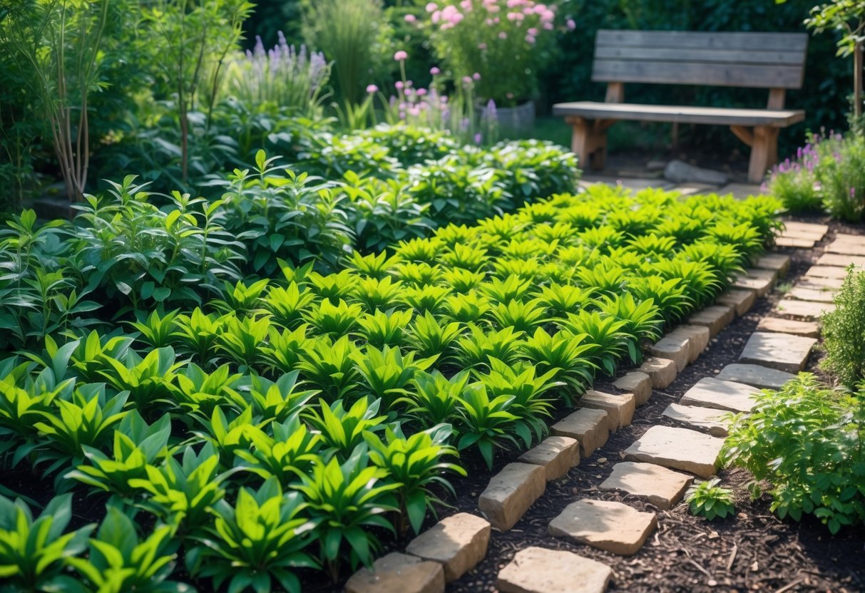 28+ Foraging Friendly Garden Ideas: Easy Plants to Grow for Sustainable Harvesting in the US 7 A lush tea garden section with rows of green tea plants, stone pathways, companion herbs and flowers, and a wooden bench in the background.