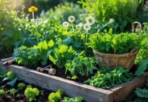 A sunlit garden patch with various wild edible greens growing in a wooden raised bed and a basket filled with freshly foraged leaves nearby.