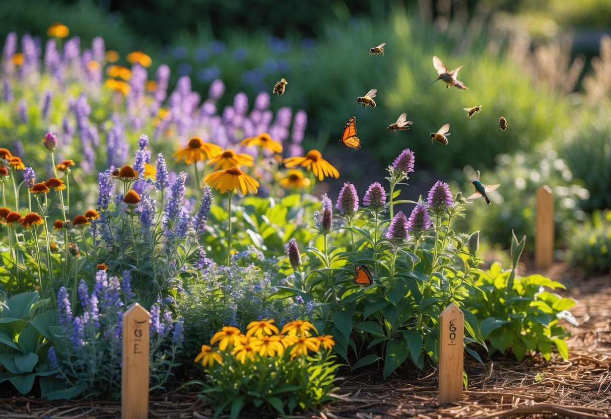 28+ Foraging Friendly Garden Ideas: Easy Plants to Grow for Sustainable Harvesting in the US 9 A garden area filled with colorful flowers attracting bees, butterflies, and hummingbirds actively foraging.
