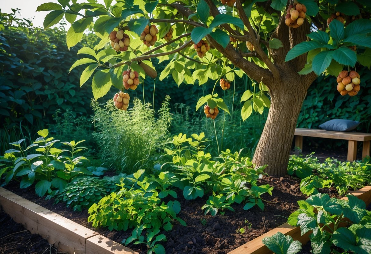 28+ Foraging Friendly Garden Ideas: Easy Plants to Grow for Sustainable Harvesting in the US 10 A sunlit garden corner with a nut tree surrounded by various edible plants and herbs, featuring a wooden bench nearby.