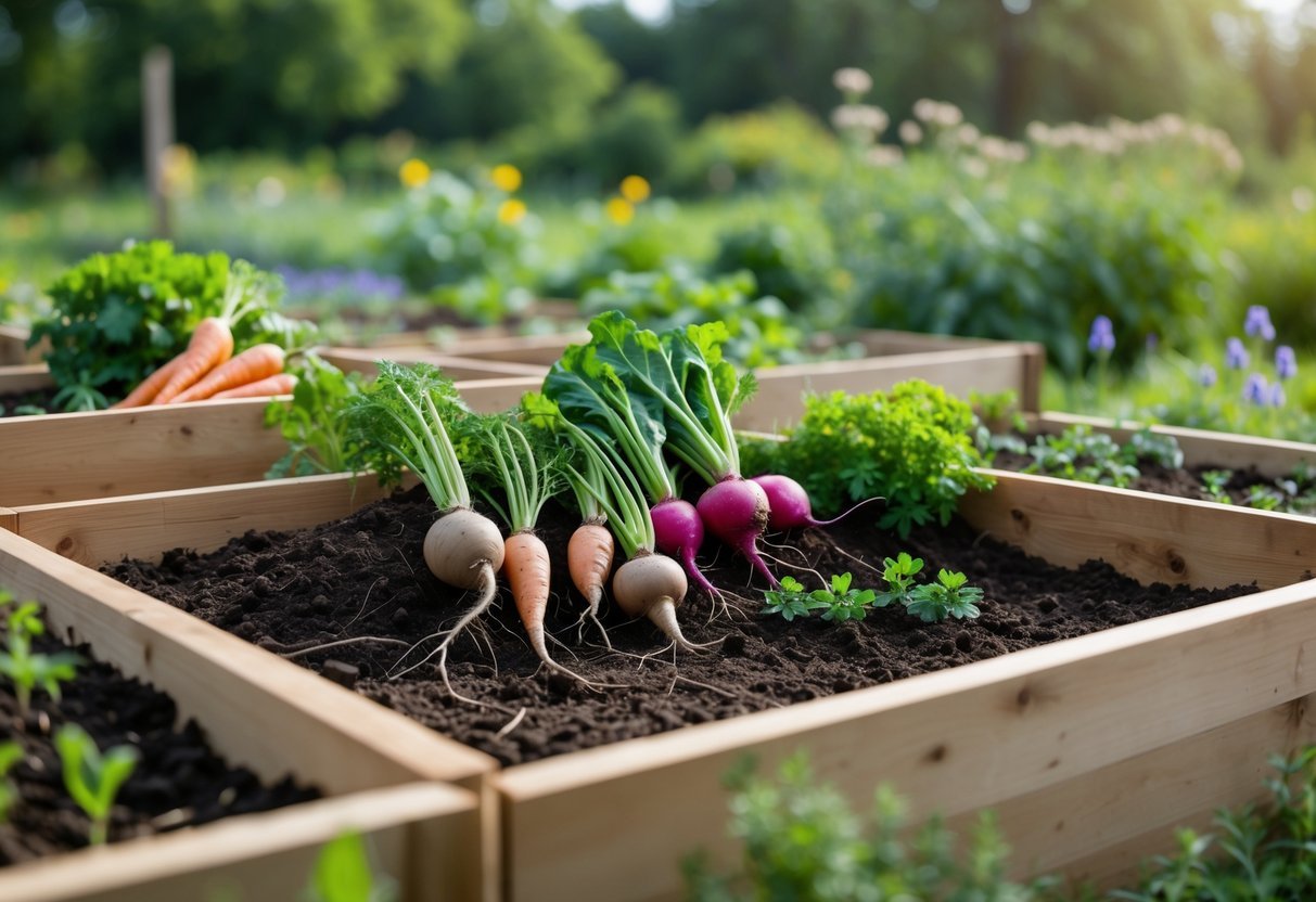 28+ Foraging Friendly Garden Ideas: Easy Plants to Grow for Sustainable Harvesting in the US 11 Raised wooden garden beds filled with root vegetables and surrounded by wildflowers in a sunny outdoor garden.