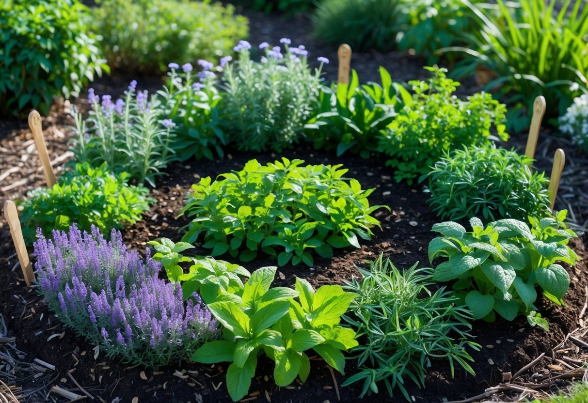 28+ Foraging Friendly Garden Ideas: Easy Plants to Grow for Sustainable Harvesting in the US 12 A circular garden bed filled with various green medicinal herbs growing in a sunny outdoor garden.